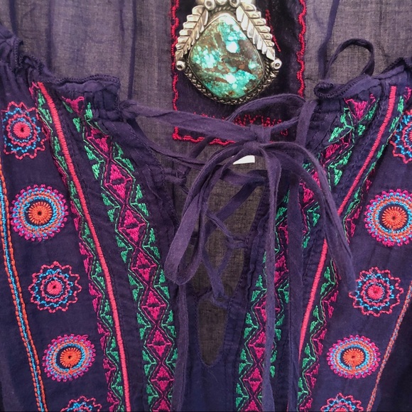 JOHNNY WAS * Indigo Embroidered Peasant/Boho Style Dress - Picture 6 of 9
